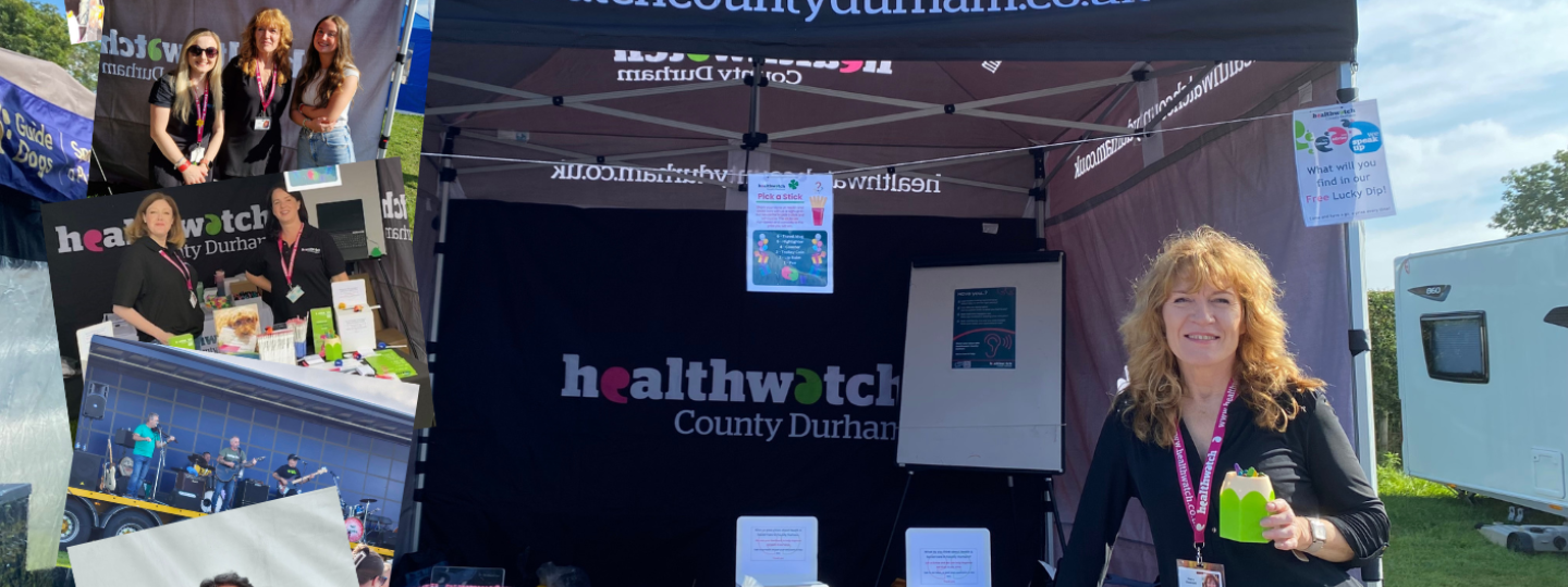 A picture of the Healthwatch Gazebo at Wolsingham with staff standing in front of it.